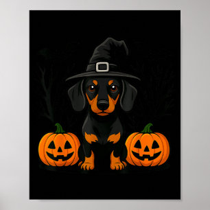 Poster Dachshund Preto e Dourado de Halloween Bruxa Assus
