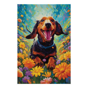 Pôster Dachshund Rastreando Num Campo De Flor Colorida