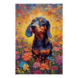 Pôster Dachshund Rastreando Num Campo De Flor Colorida