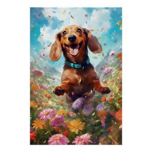 Pôster Dachshund Rastreando Num Campo De Flor Colorida