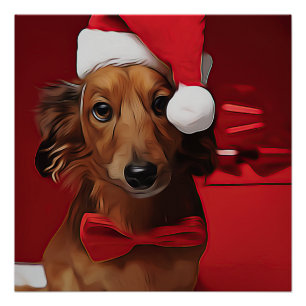 Pôster Dachshund Sentado Em Frente A Um Presente De Natal