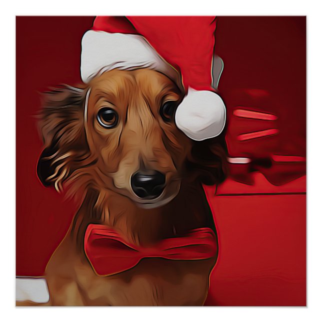Pôster Dachshund Sentado Em Frente A Um Presente De Natal (Frente)