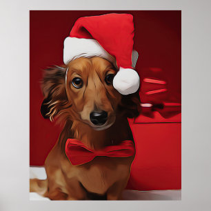 Poster Dachshund Sentado Em Frente A Um Presente De Natal