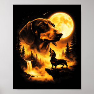 Poster Dachshund Uivando para a Lua Vintage 90s Retro