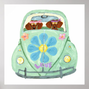Poster Dachshunds Hippies em seu carro do amor florido