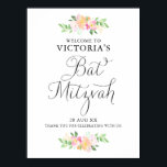 Pôster Dacil Watercolor Florals Bat Mitzvah Sinal de Boas<br><div class="desc">Um símbolo elegante e feminino do Bat Mitzvah floral,  bem-vindo,  com flores a aquarela e guião balnear. Este sinal de boas-vindas é perfeito para primavera e Bat Mitzvah de Verão.</div>