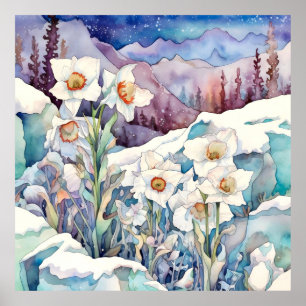 Poster Daffodil Sob Arte De Parede De Neve, Quadrado Flor