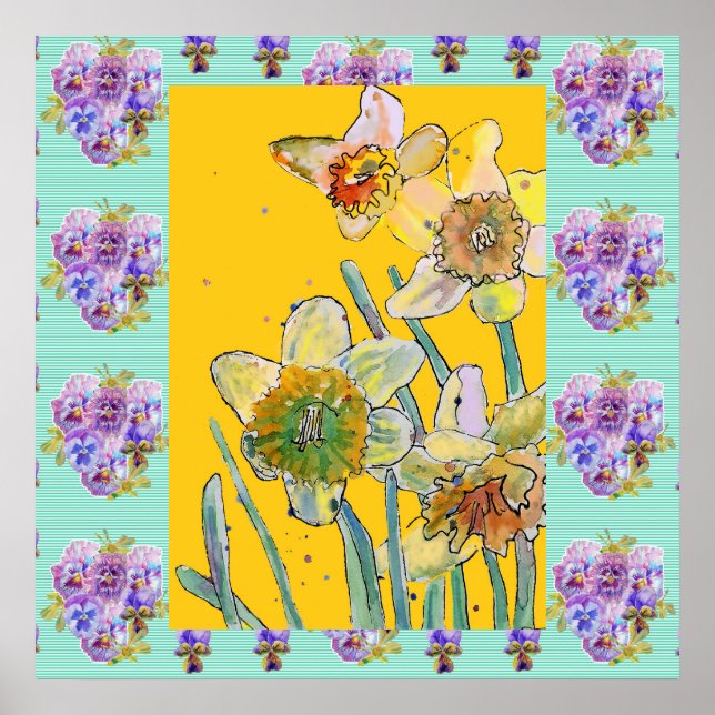 Poster Daffodil Watercolor Pintura primavera (Frente)