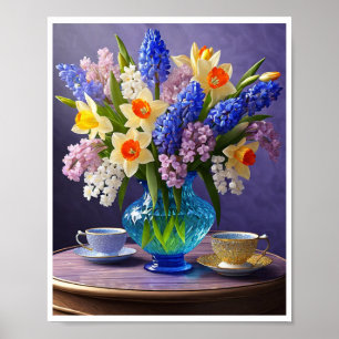 Poster Daffodils Hiacintos Vidro Azul Vases Teares