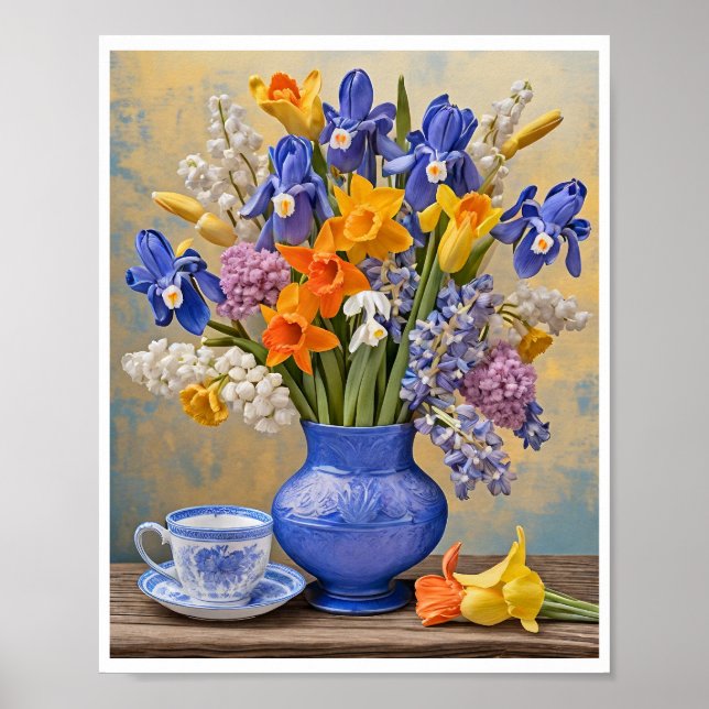 Poster Daffodils Iris Blue Cerâmica Vase Teacup (Frente)