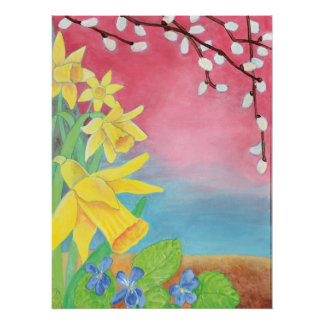 Pôster Daffodils, violetas selvagens e salgueiro-pussy