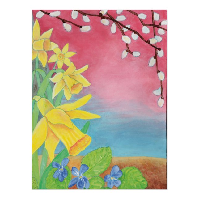 Pôster Daffodils, violetas selvagens e salgueiro-pussy (Frente)