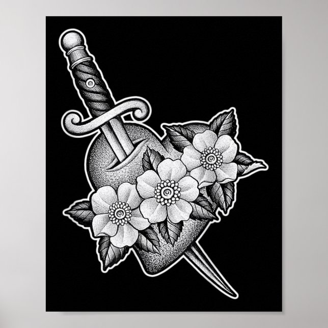 Poster Dagger Through Heart X Flowers Blackwork Tattoo Fl (Frente)