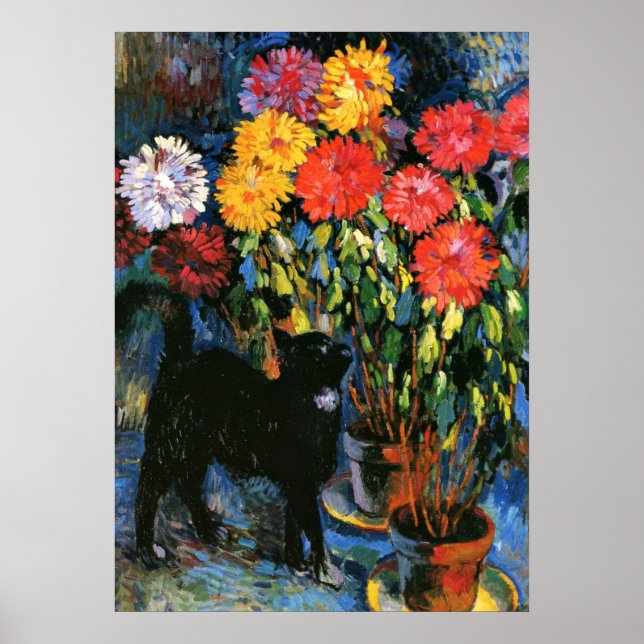 Poster Dahlias e Black Cat, pintura de arte (Frente)