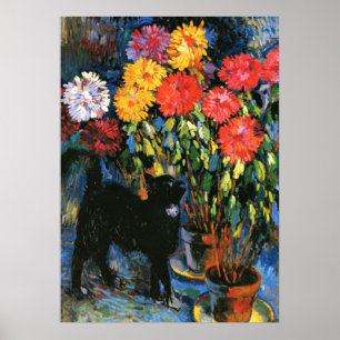 Poster Dahlias e Black Cat, pintura de arte