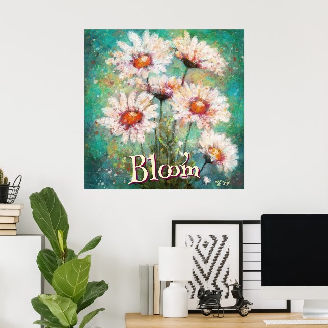 Poster Daisies Impressionistic Floral Teal Personalized (Escritório em casa)