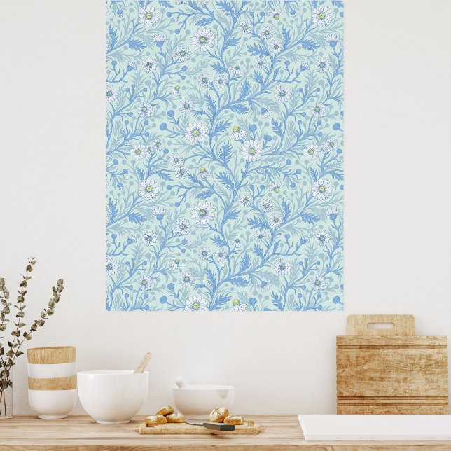 Poster Daisies in white and blue on sea glass (Cozinha)