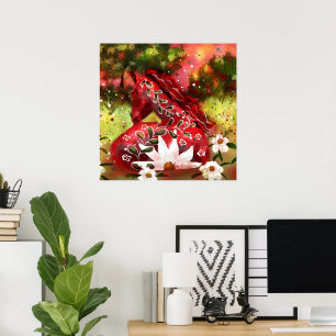 Poster Daisy Horse Abstrato Art Red White Floral