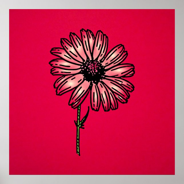 Poster Daisy pink em vintage de fundo vermelho (Frente)