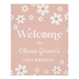 Pôster Daisy Retro Rosa primeiro aniversário Bem-vindo 