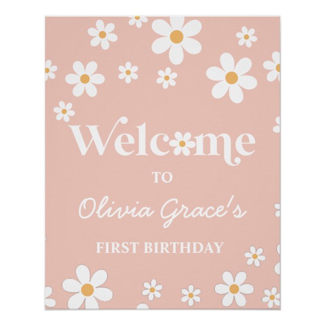 Pôster Daisy Retro Rosa primeiro aniversário Bem-vindo  (Frente)