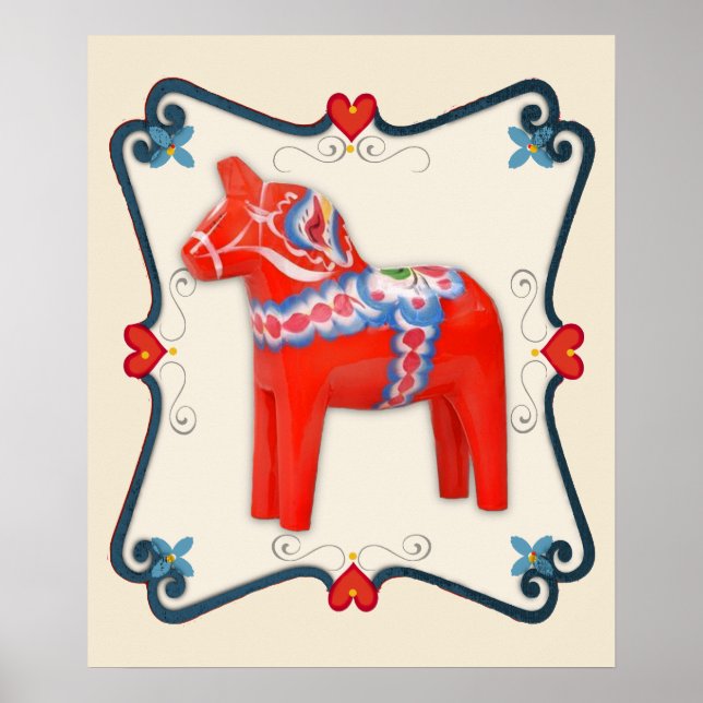 Pôster Dala Horse Folk Art em Sueco (Frente)