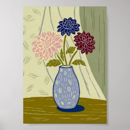 Poster Dálhias em Linocut Vintage em Vaso Azul Texturizad