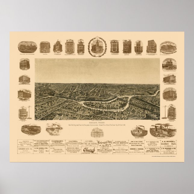 Poster Dallas, Mapa Panorâmico TX - 1892 (Frente)