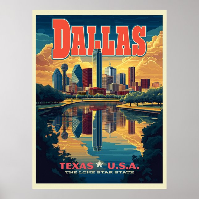 Poster Dallas Skyline Retro Viagem (Frente)