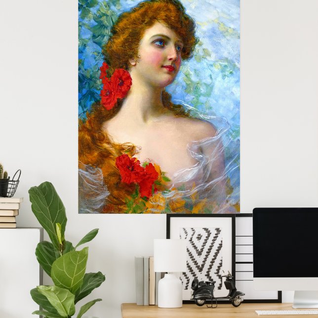 Poster Dama Antiga Com Flores Vermelhas E Laranjas (Escritório em casa)