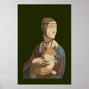 Poster Dama com um Retrato Clássico Japonês de Shiba Inu