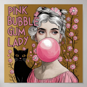 Poster Dama de Borracha Rosa com Gato Preto Gustav Klimt