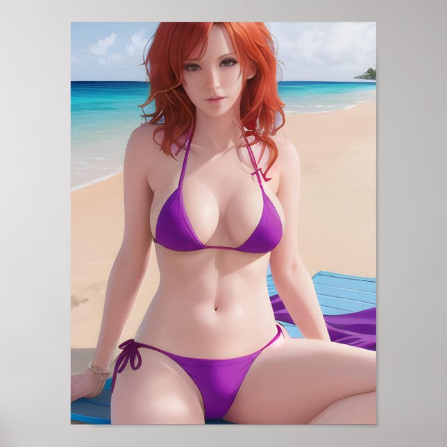 Poster Dama de cabelo vermelho em um Bikini roxo (Frente)