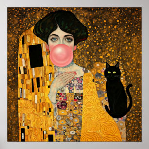 Poster Dama de Chiclete Rosa com Gato Preto Gustav Klimt