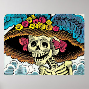 Poster Dama de Crânio Açucarado com Chapéu Floral Pop Art