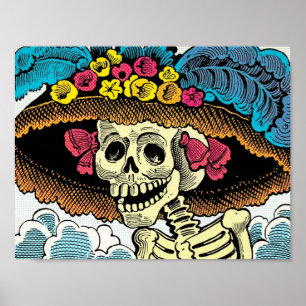 Poster Dama de Crânio Açucarado com Chapéu Floral Pop Art