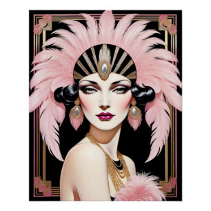 Pôster Dama de Deco de Arte com Vestido de Cabeça de Pena