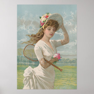 Poster Dama do Tênis Vitoriana com Chapéu Florido Antigo