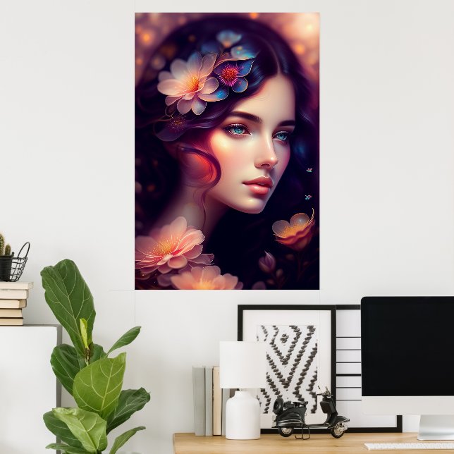 Poster Dama Elegante Com Flores Laranja Rosa Azul (Escritório em casa)