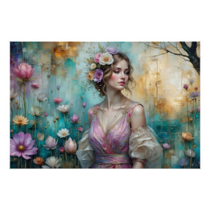 Pôster Dama em rosa, paisagem floral texturizada em tília