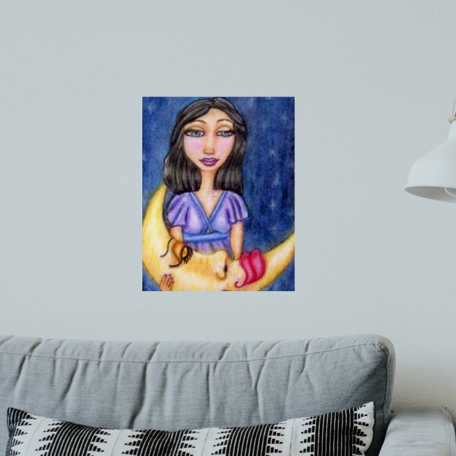 Poster Dama Fantasia Segurando Lua Crescente Adormecida (Fantasy woman purple dress yellow sleeping crescent moon on dark night blue art wall poster.)