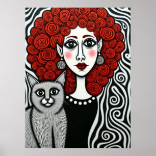 Poster Dama Gótica e Gato com Cabelo Espiral Vermelho Pre