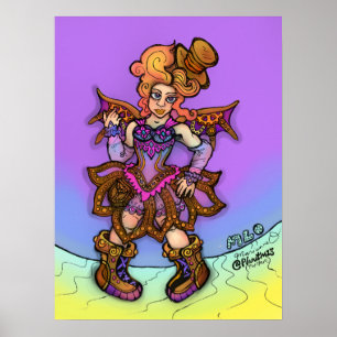 Poster Dama Steampunk Sassy Com Chapéu Alto e Asas Arte