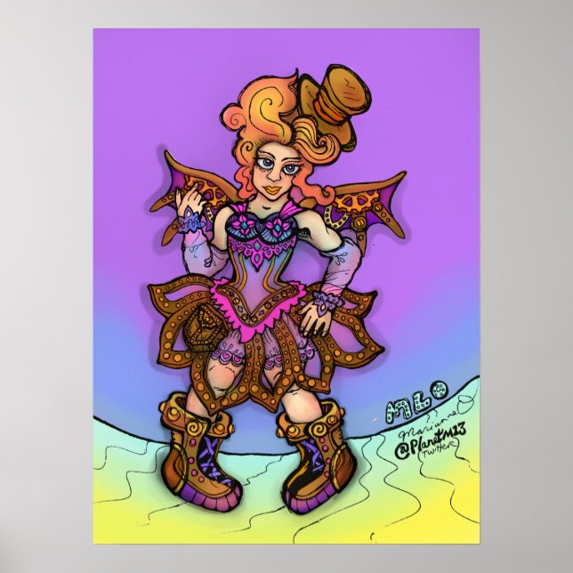 Poster Dama Steampunk Sassy Com Chapéu Alto e Asas Arte (Frente)
