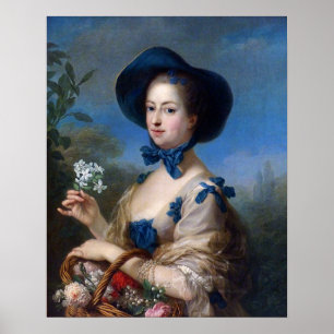 Poster Dama Vintage Com Chapéu Azul E Cesta De Flores