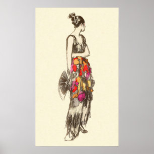 Pôster Dama Vintage da Moda com um Vestido de Primavera