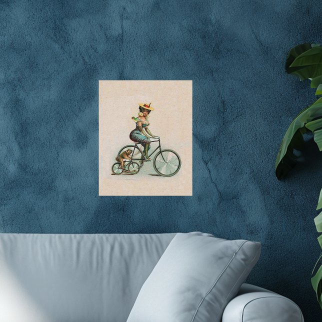 Pôster Dama Vitoriana Vintage em Bicicleta com Cachorro (Victorian lady on bicyle riding with bulldog on bicycle on tan art wall poster.)