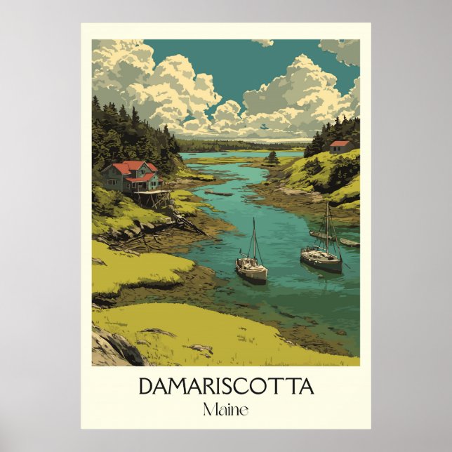 Poster Damariscotta ME Vintage River Boats Coaster Art (Frente)