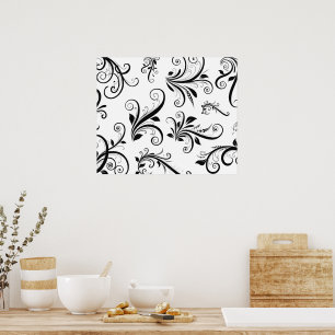 Pôster Damasco, Ornaments, Swirls - Branco Preto