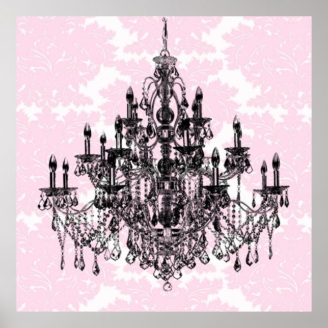 Pôster Damask Chandelier Art Rosa (Frente)